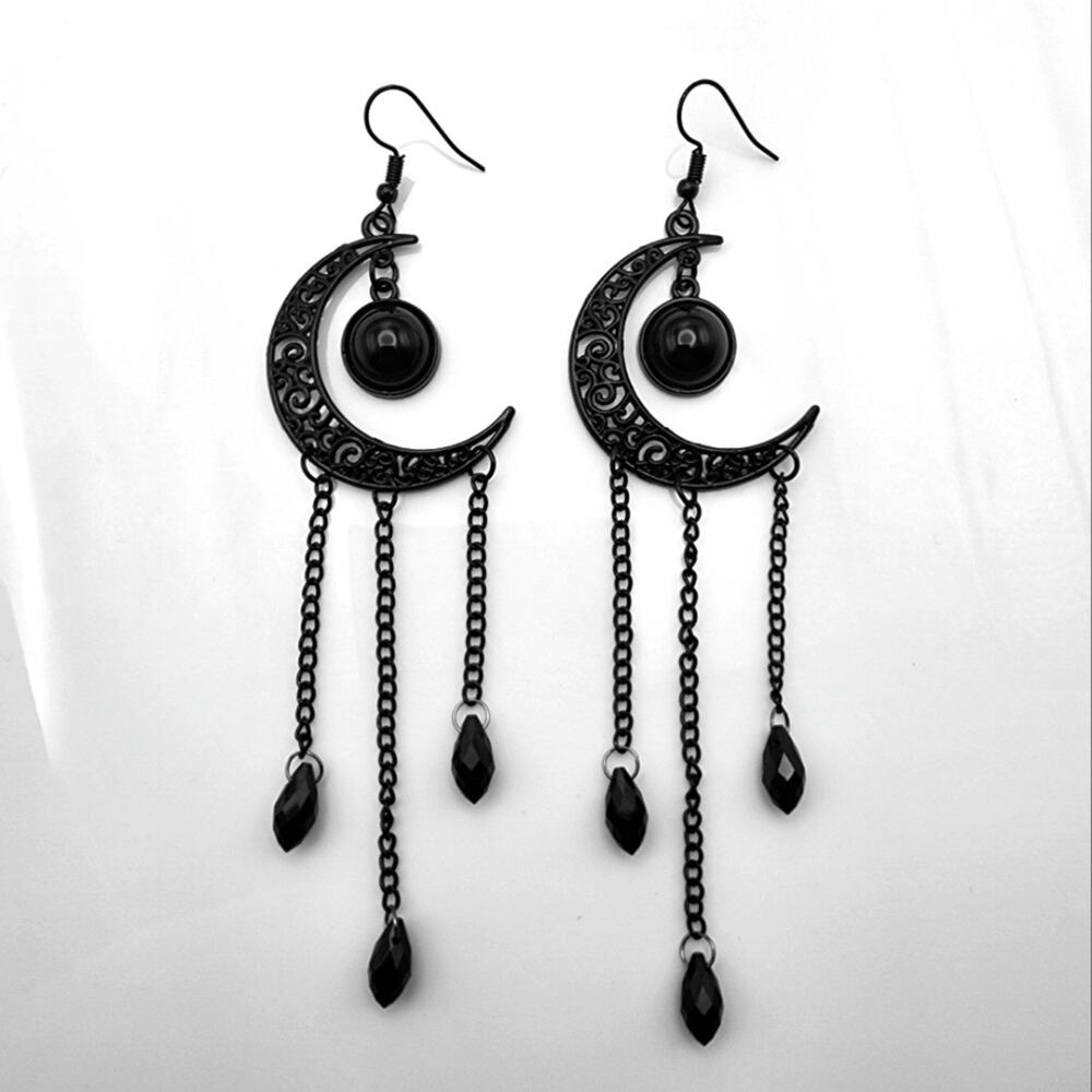 Eclipse Cascade Black Damask Filigree Crescent Moon Earrings
